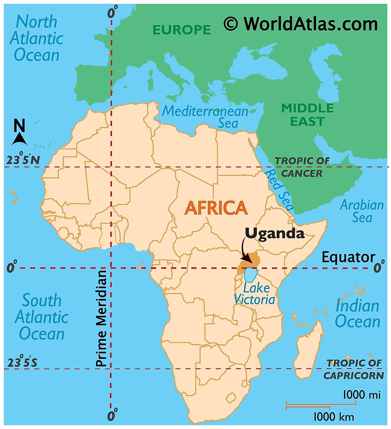 Map showing location of Uganda in the world.