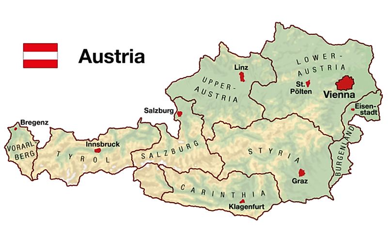 Topographic map of Austria in Europe with cities, federal states, borders and flag.