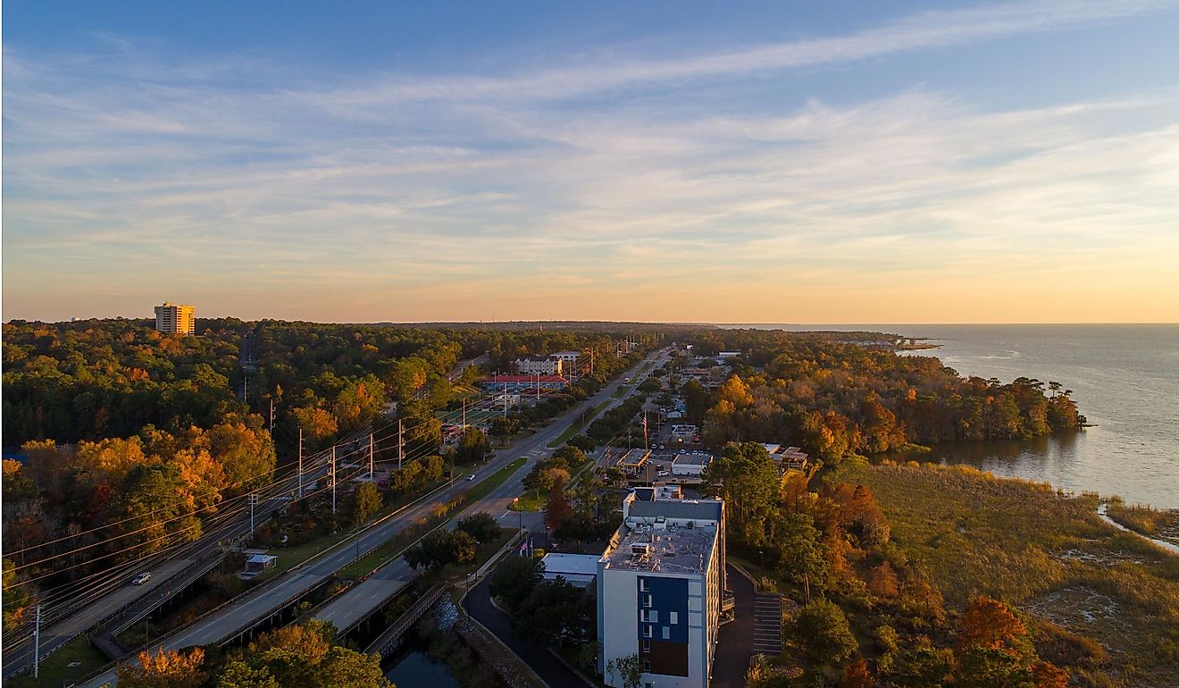Aerial view of Daphne, Alabama and Mobile Bay at sunset.