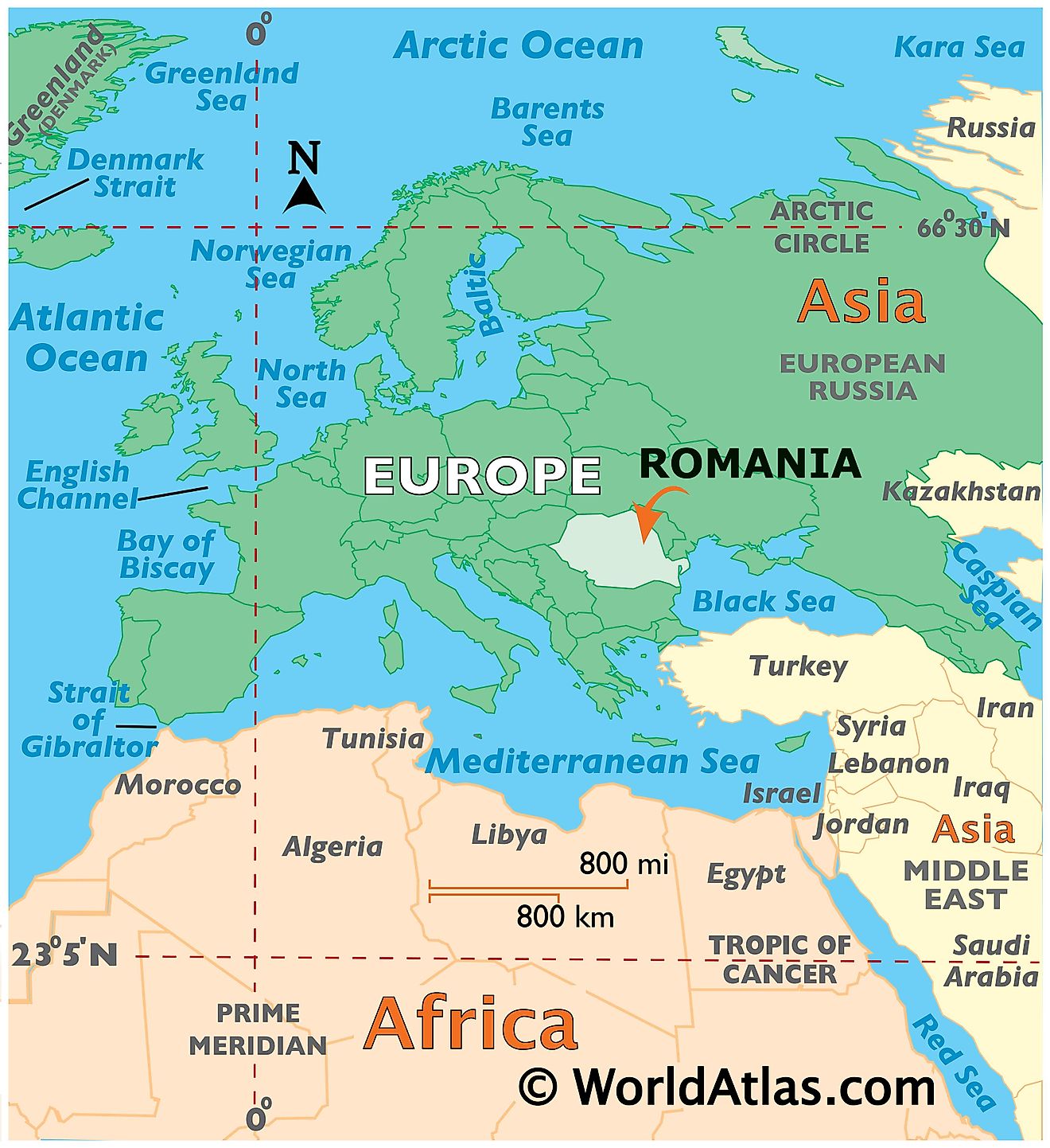 Map showing location of Romania in the world.