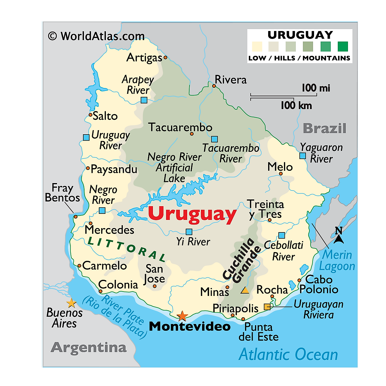 Physical Map of Uruguay showing relief, mountains, lakes, rivers, important cities, bordering countries, and more.