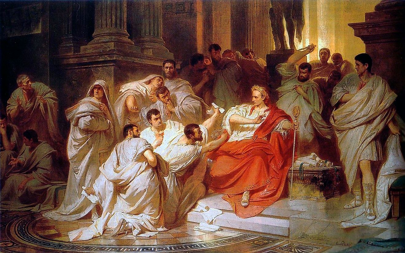 The Senators and "Brutes" attacking Julius Caesar in the "Temple" {Temple of Caesar} in 44 BC. Image credit: Karl von Piloty/Public domain