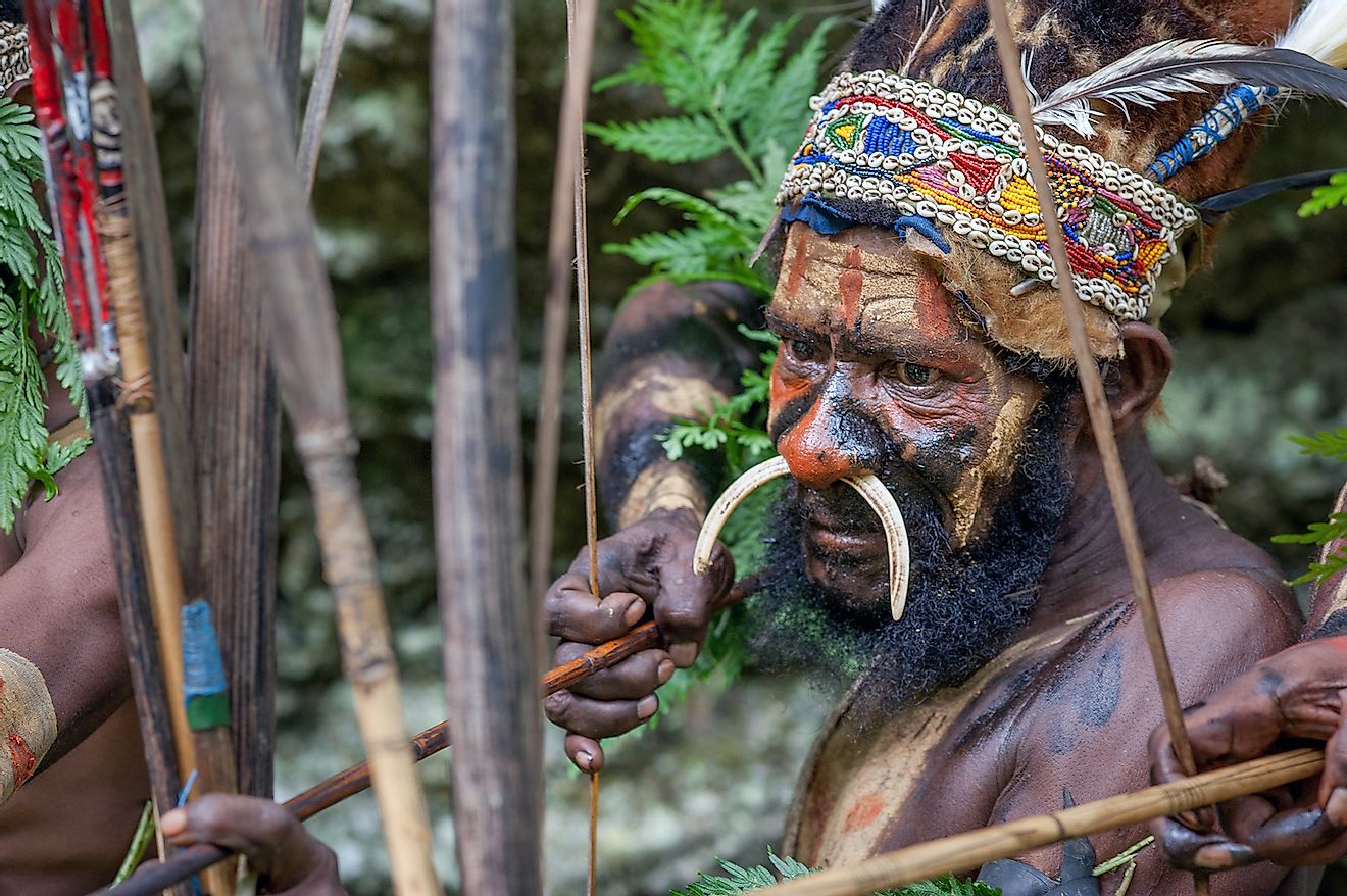 The warrior of a Papuan tribe of Yafi in traditional clothes, ornaments and coloring. Image credit: