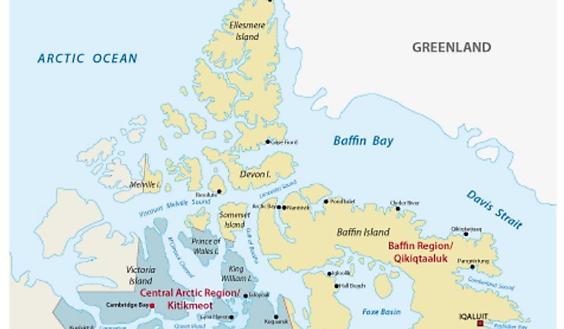 A map showing both Baffin Island and Ellesmere Island in Canada. 