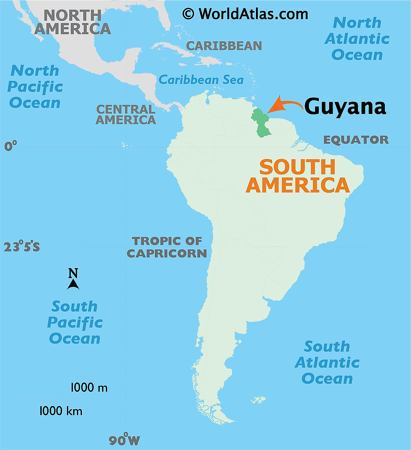 Map showing location of Guyana in the world.