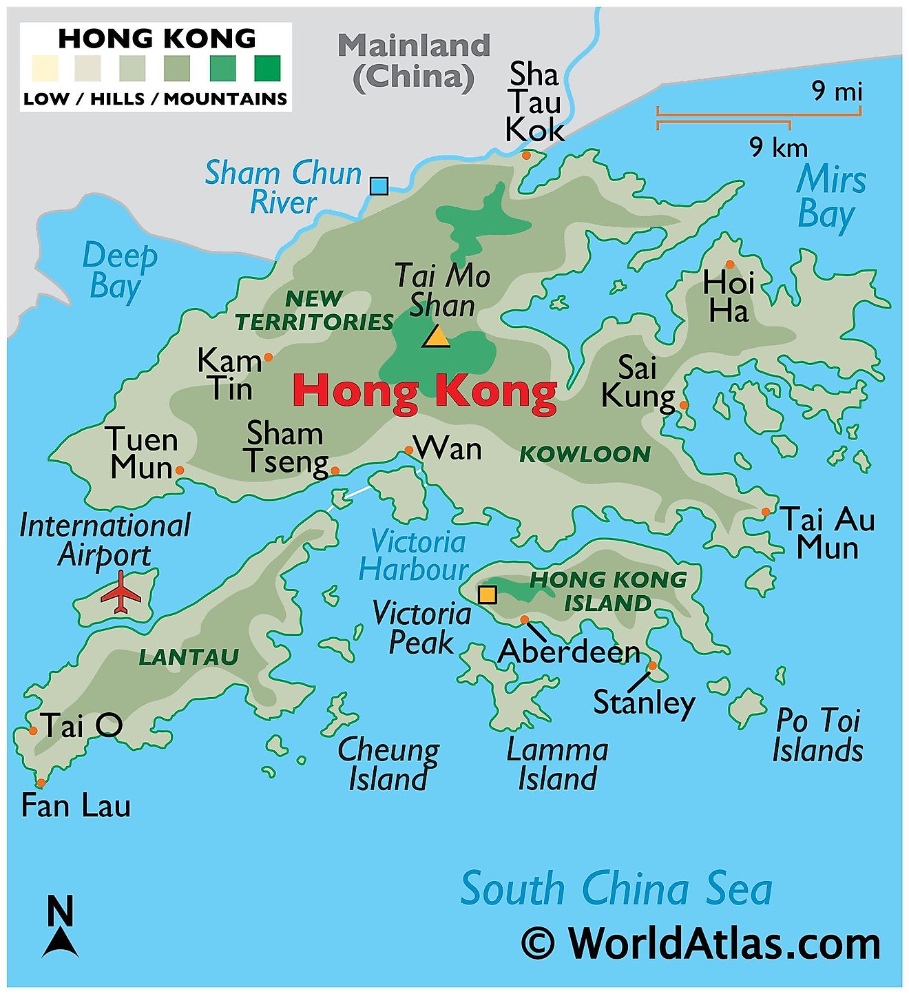 Physical Map of Hong Kong showing relief, highest point, major islands, urban centres, and more.