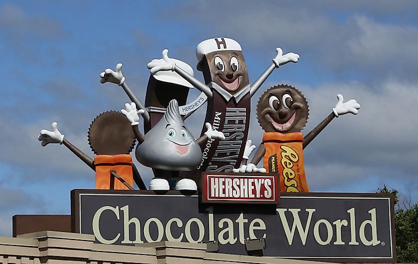 A Hershey's signboard welcoming visitors to Hershey, Pennsylvania, a company town.