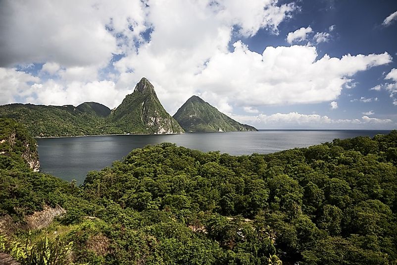 The Piton volcanic cones (center) along Saint Lucia's beautiful coastline.