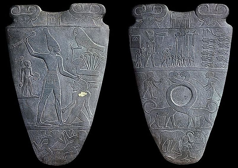 Front and back of the Narmer Palette, depicting Narmer, considered the first king of a unified Ancient Egypt.