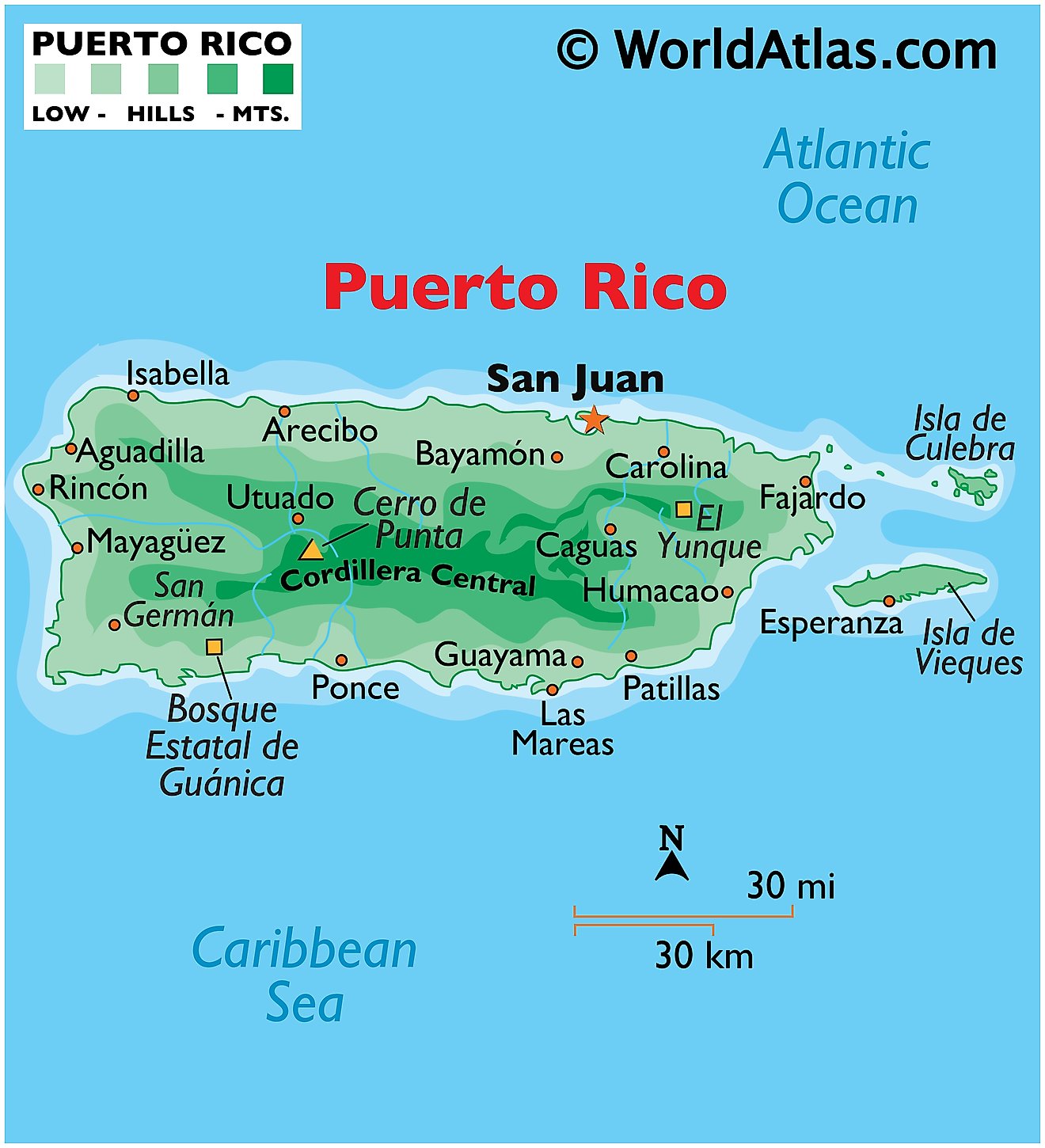 Physical Map of Puerto Rico showing relief, islands, mountain ranges, important settlements, etc.