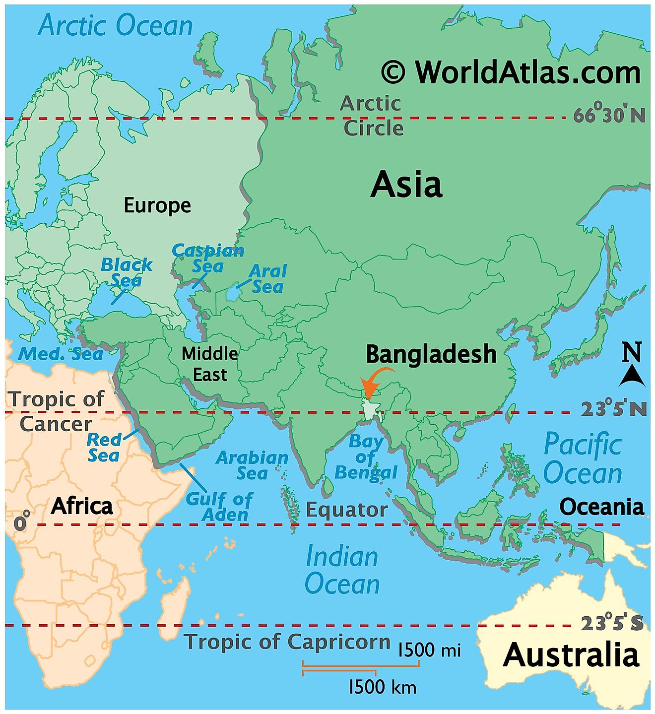 Map showing location of Bangladesh in the world.