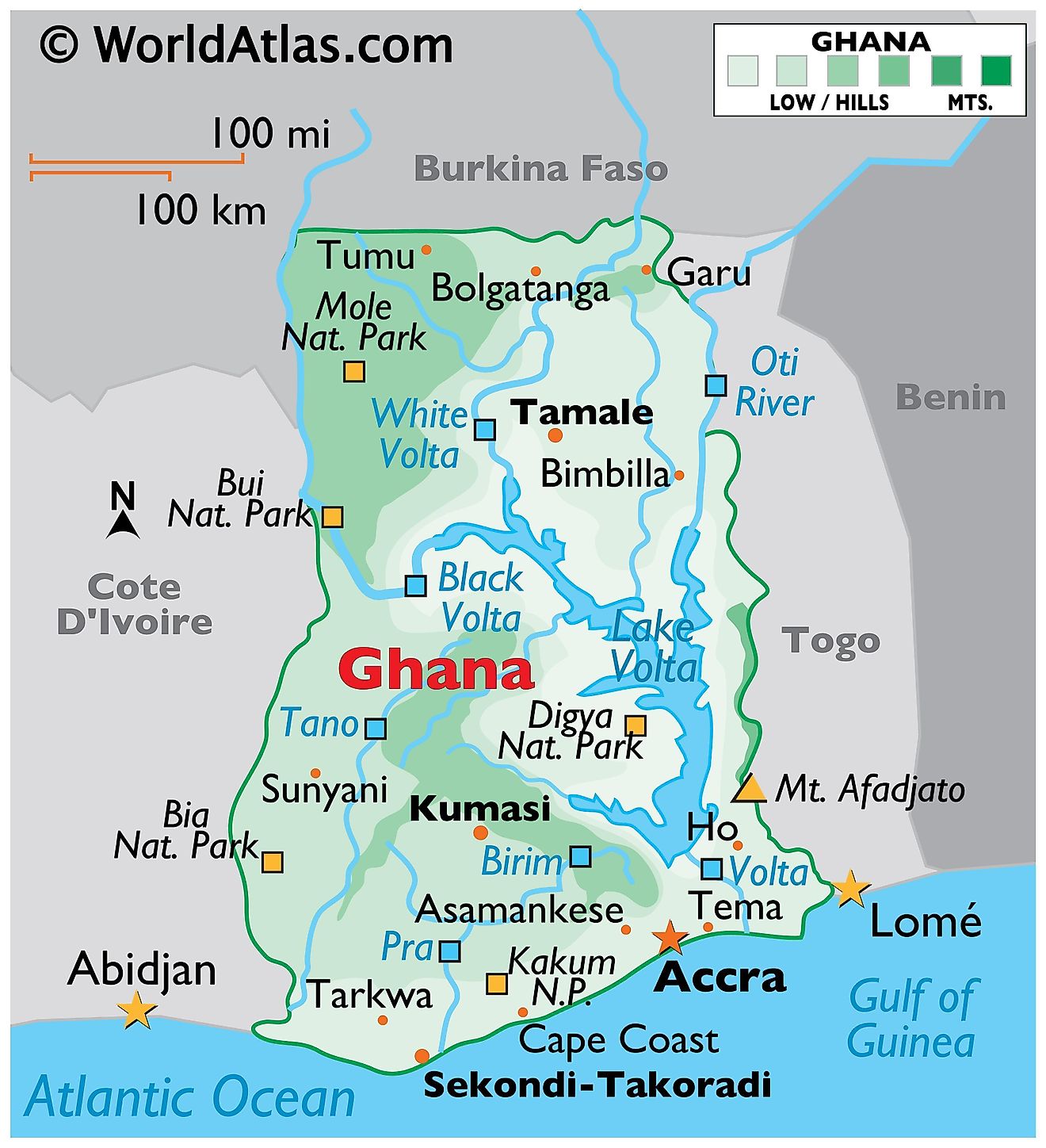 Physical Map of Ghana displaying the state boundaries, terrain, Lake Volta, extreme points, important cities, and more.