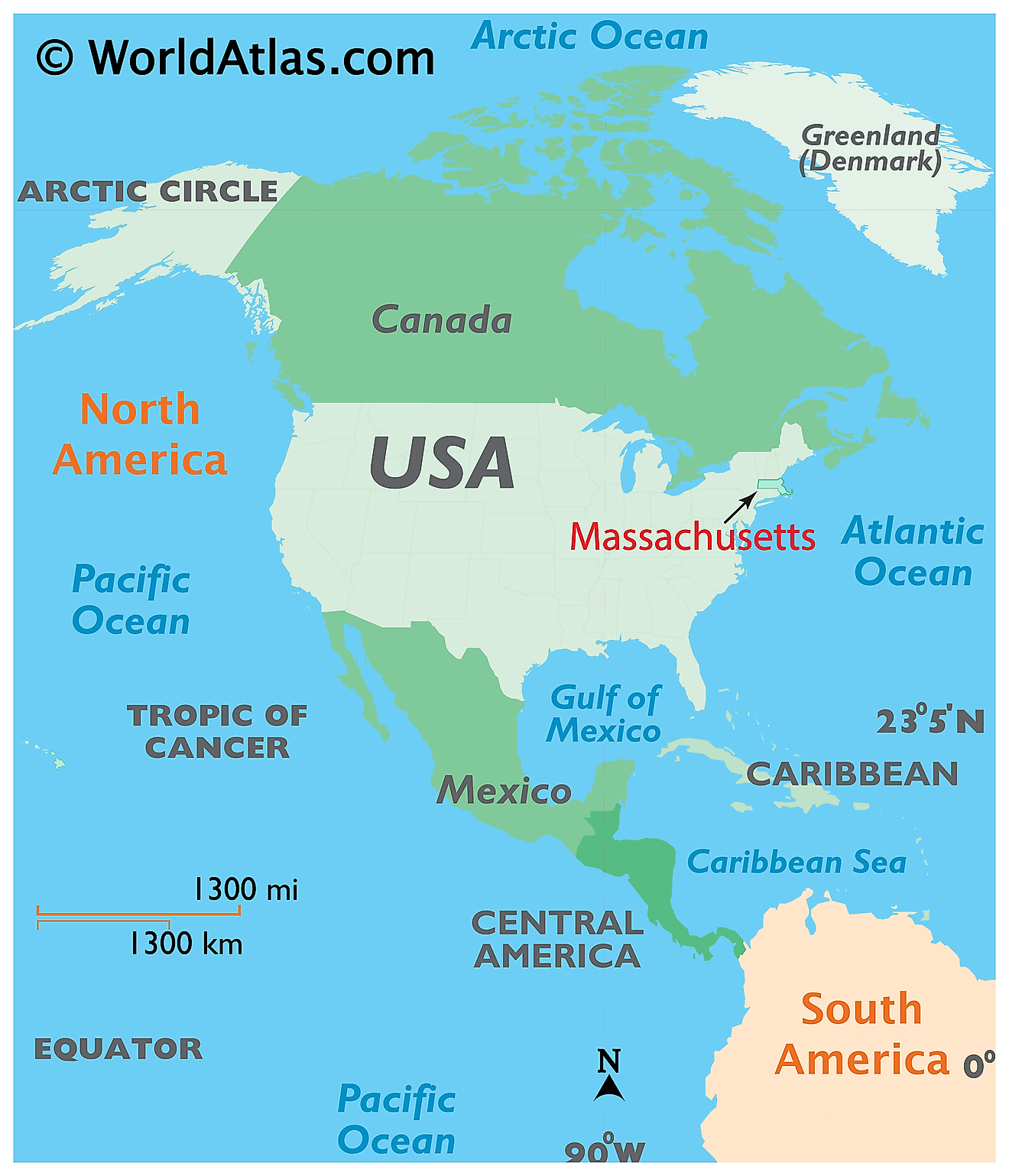 Map showing location of Massachusetts in the world.