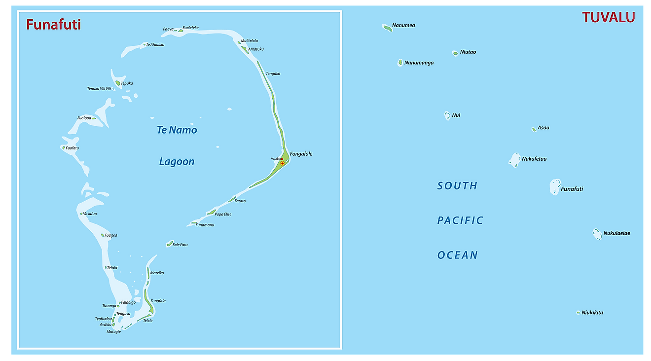 Map of Tuvalu showing its major islands and the capital atoll - Funafuti