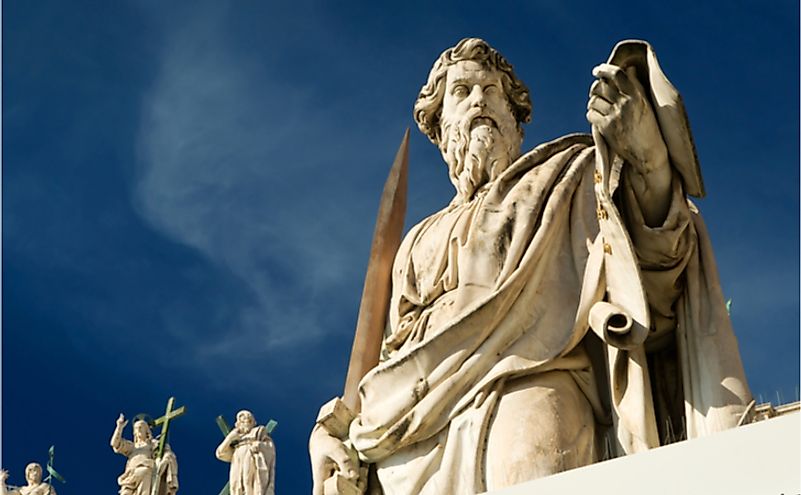 Statue of Apostle Paul in front of the St Peter's Basilica, Rome, Italy.