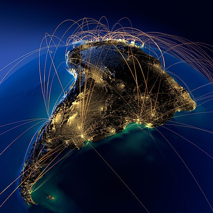 An image of South America highlighting major air routes.