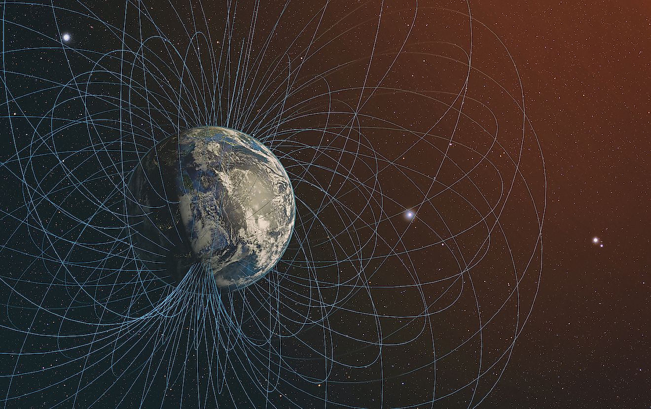 `3D rendering of Planet Earth's magnetic field. Elements of this image furnished by NASA. Image credit:  Janez Volmajer/Shutterstock.com