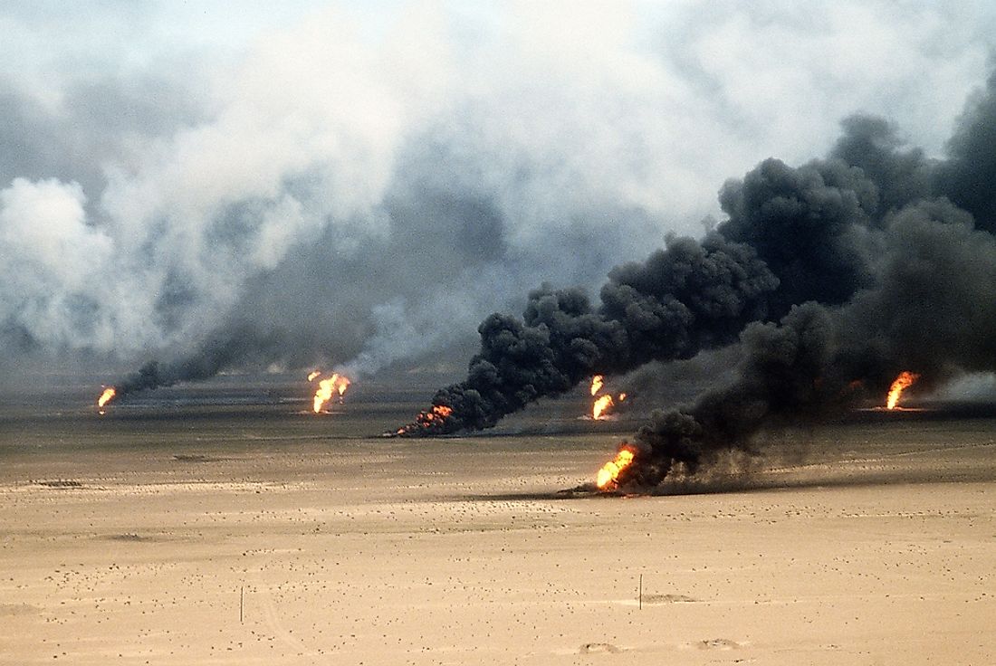 Retreating Iraqi forces set on fire over 600 Kuwaiti oil wells causing massive environmental and economical damage in Kuwait.