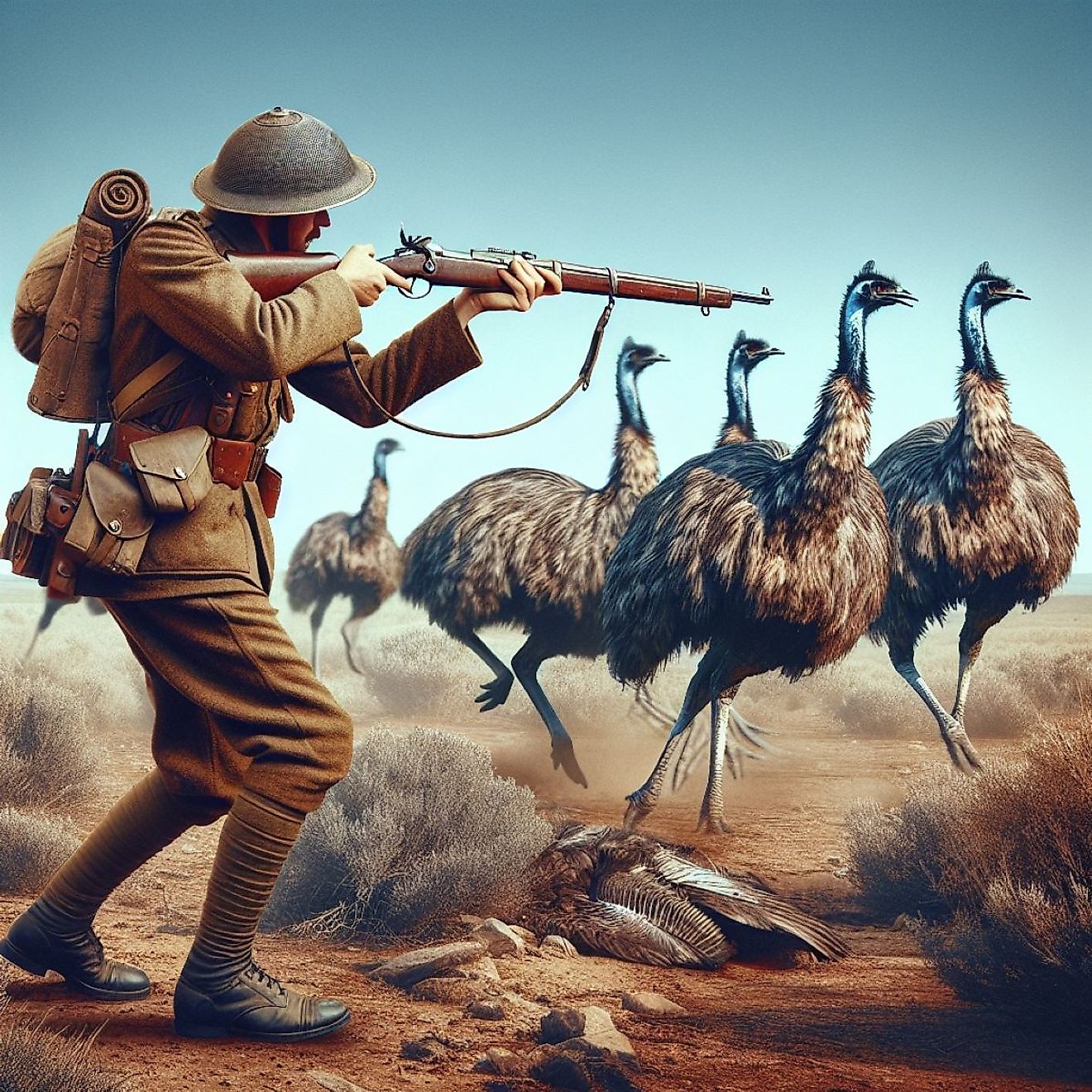 AI-Generated digital illustration of a soldier hunting emus