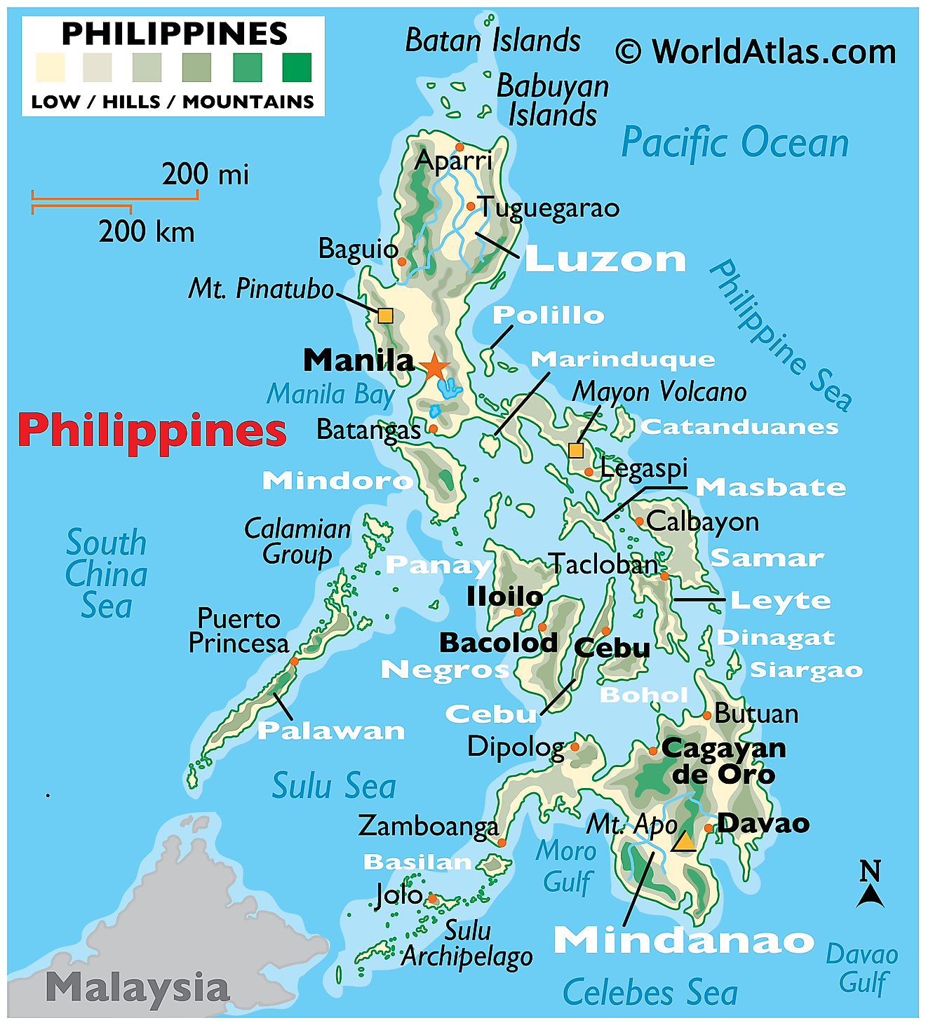 Physical map of the Philippines. It shows the physical features of Philippines including its mountain ranges, major rivers and lakes. 