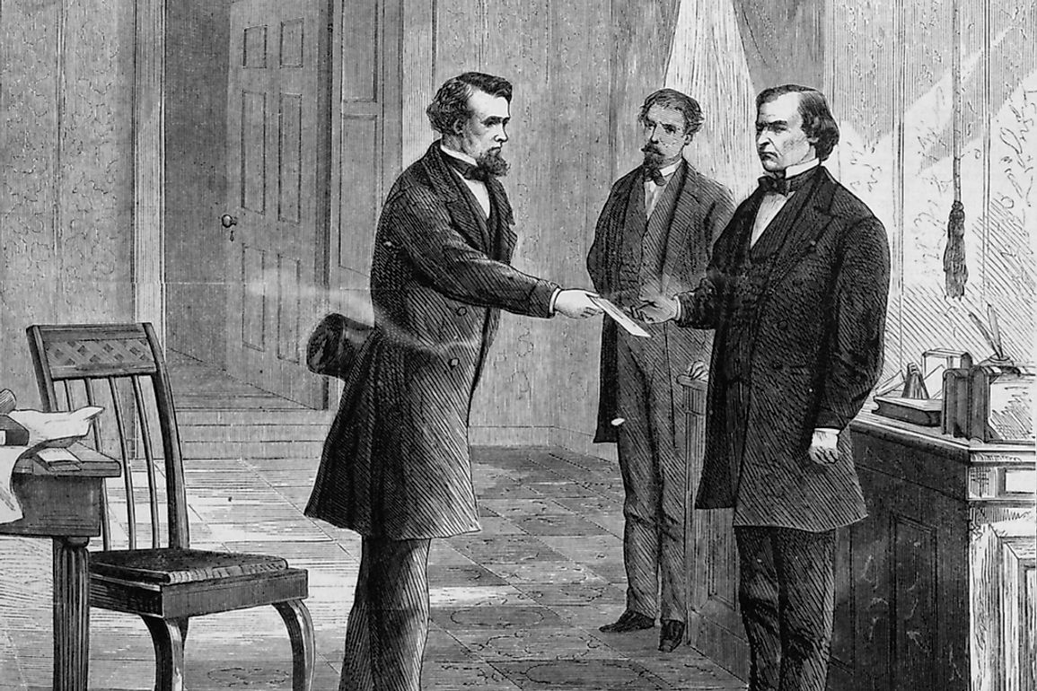 President Andrew Johnson being served impeachment summons by George T. Brown. Editorial credit: Everett Historical / Shutterstock.com