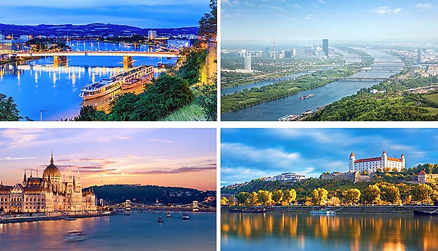 Cities on the Danube: Linz, Vienna, Budapest,  and Bratislava. 
