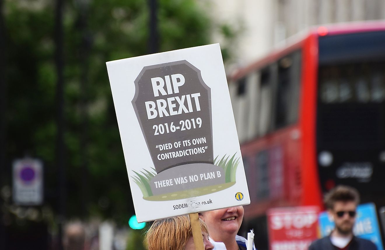 Westminster, London, UK. July 2 2019. A pro remain in the EU Brexit protestor holding a banner stating '`RIP Brexit 2016 - 2019 died of its own contradictions. Image credit: Amani A/Shutterstock.com