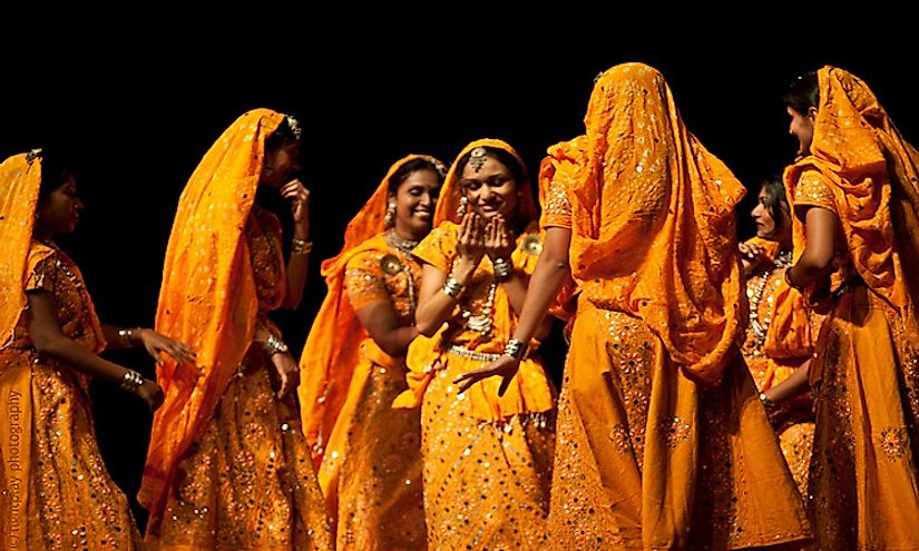 Indian folk dancers in the traditional lehenga-choli costume.
