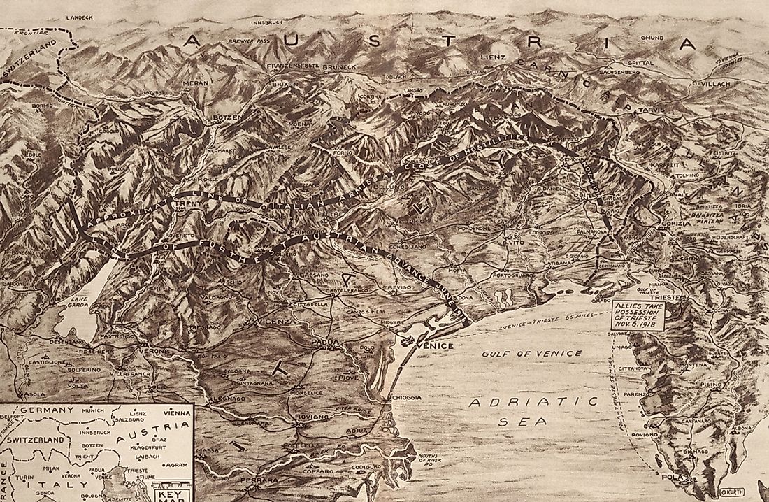 Map of the Italian-Austrian front during the Battle of Caporetto in October 1917.  Editorial credit: Everett Historical / Shutterstock.com