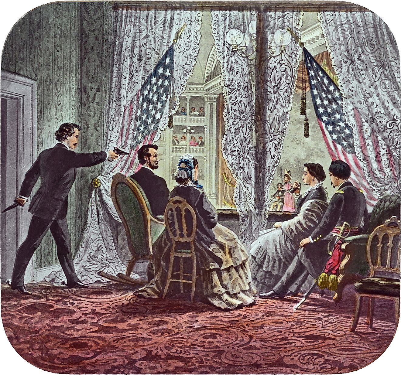 ohn Wilkes Booth leaning forward to shoot President Abraham Lincoln as he watches Our American Cousin at Ford's Theater in Washington, D.C. 14 April 1865.