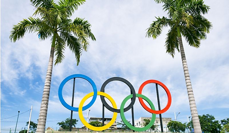 The Olympic Rings in Rio de Janeiro, Brazil. Editorial credit: lazyllama / Shutterstock.com.