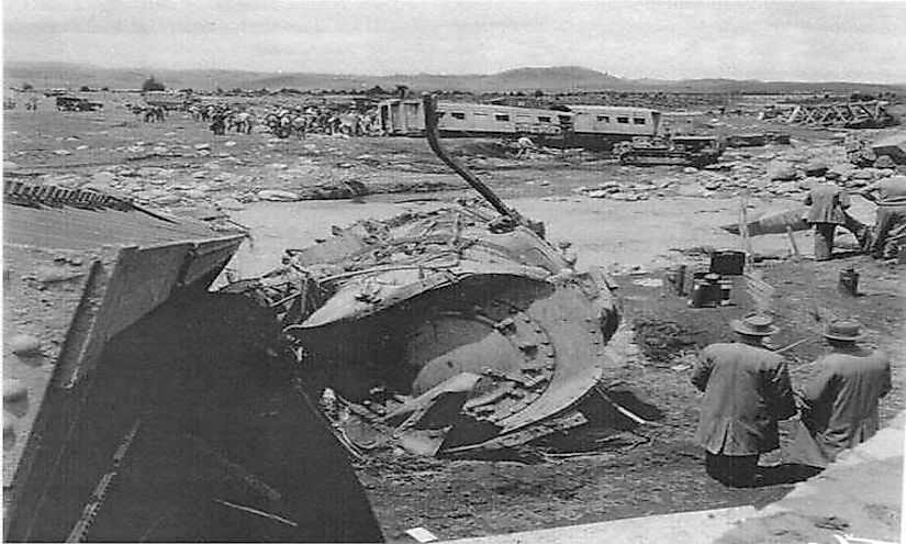 The wreckage of the Wellington-Auckland express involved in the Tangiwai disaster.