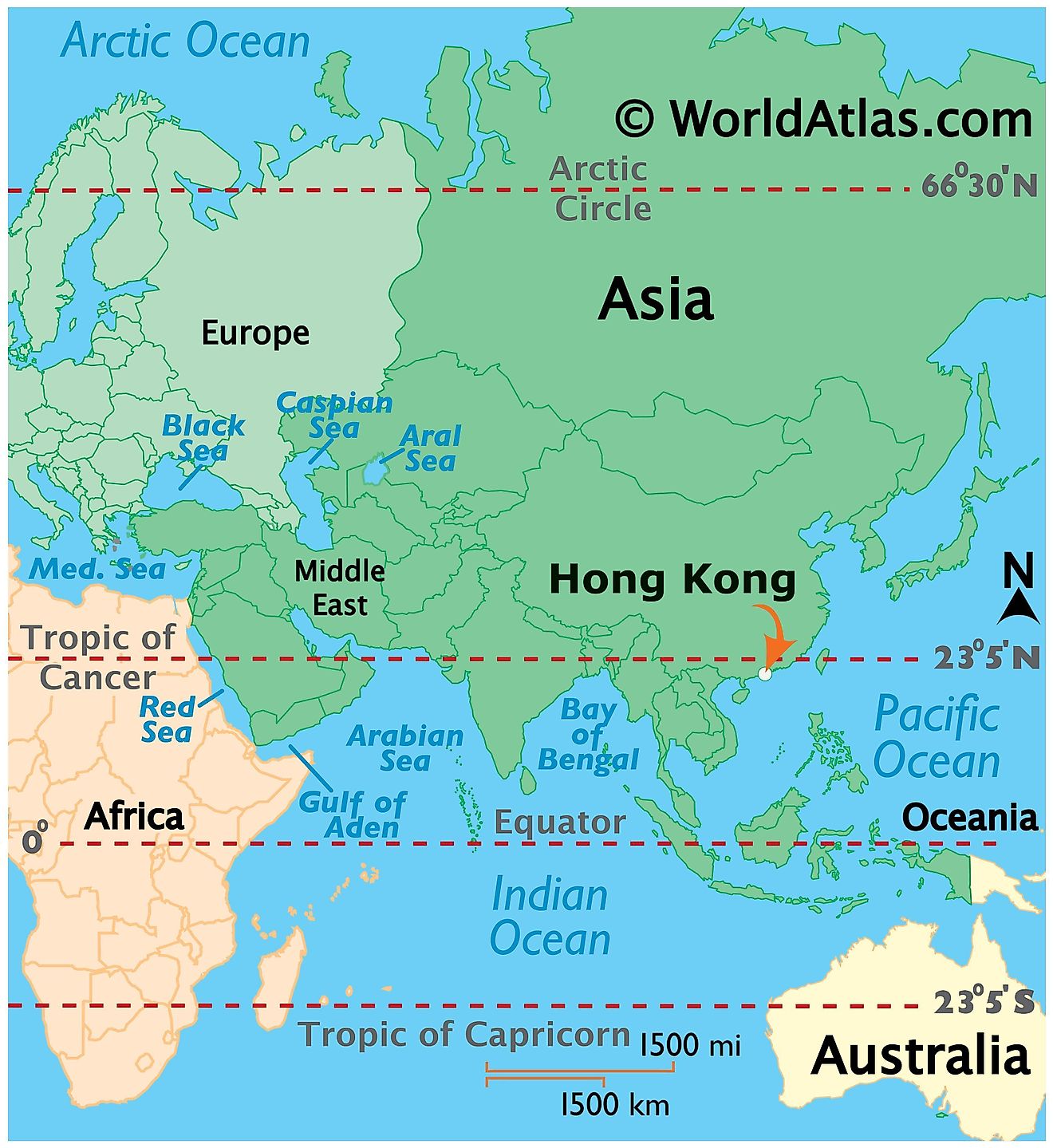 Map showing location of Hong Kong in the world.