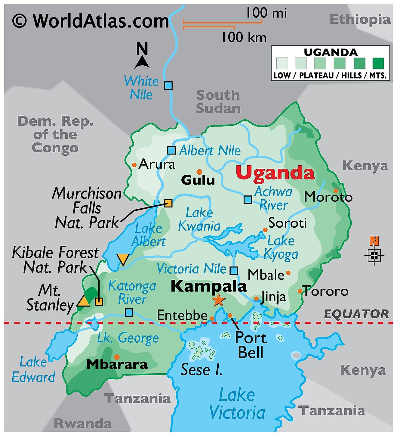 Physical Map of Uganda showing the state boundaries and major physical features like mountain ranges, rivers, plateaus, lakes, national parks, and relative location of major cities.