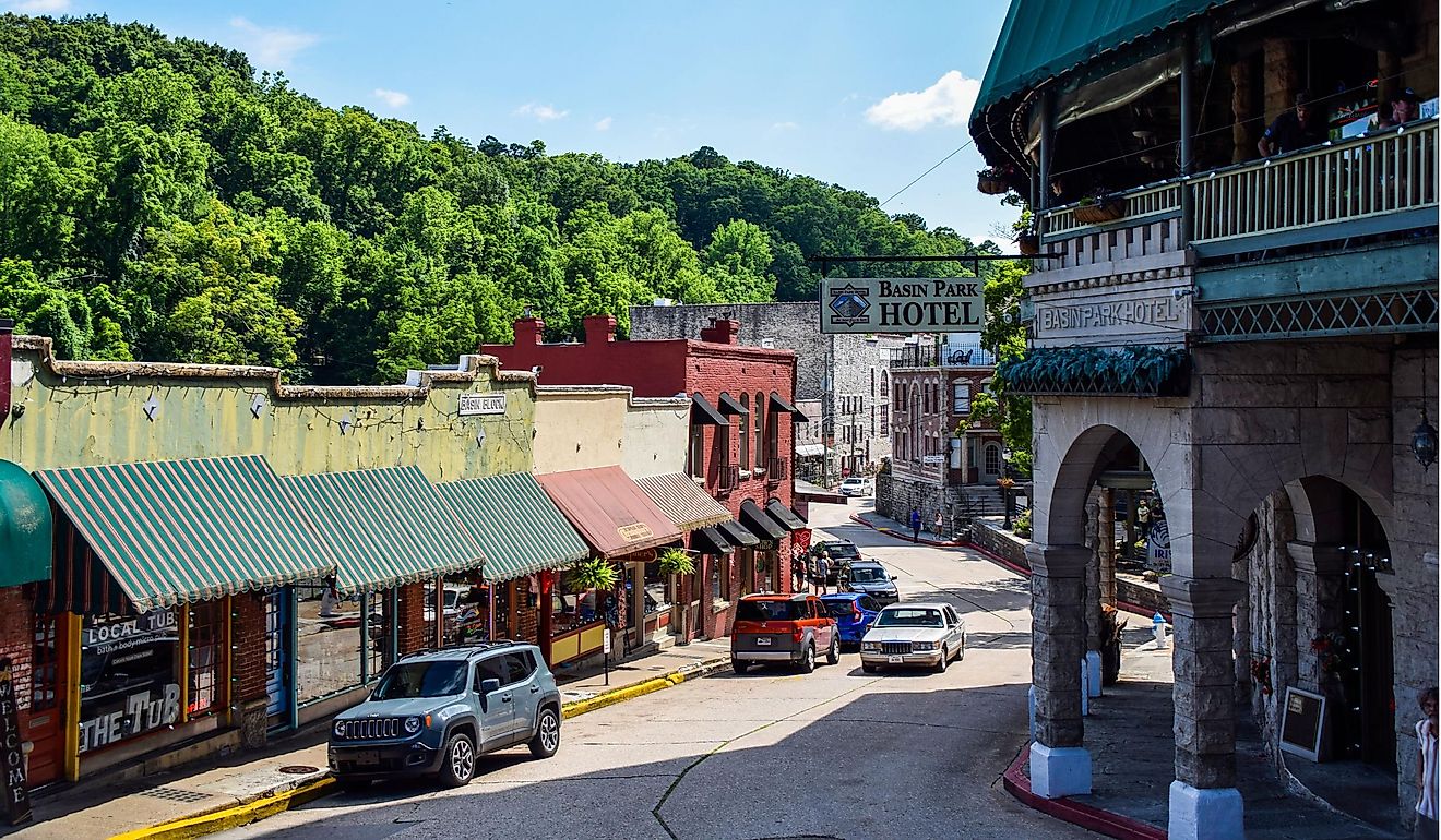 Historic downtown Eureka Springs, AR, with boutique shops and famous buildings. Editorial Credit: Rachael Martin / Shutterstock.com