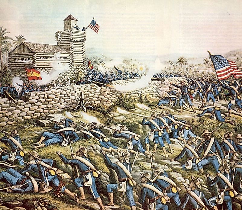 African-American soldiers valiantly charge up the slopes in the Battle Of San Juan Hill