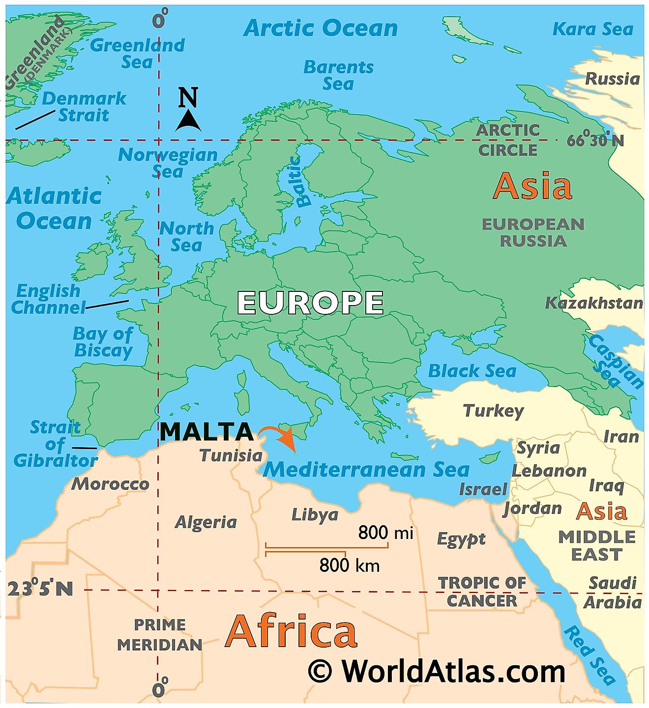 Map showing location of Malta in the world.