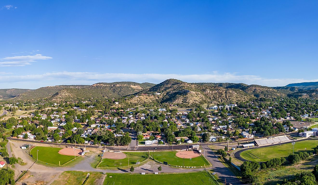Aerial drone panorama town of Raton New Mexico USA.