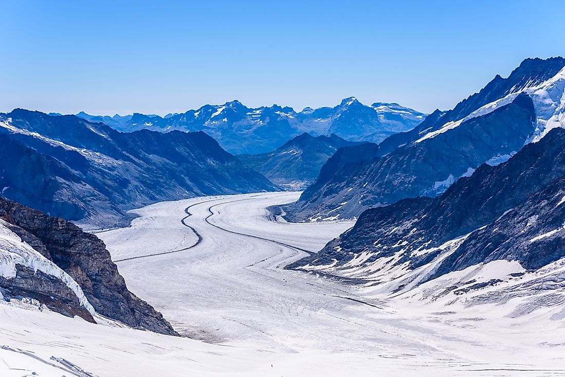 The Aletsch Glacier in Switzerland is the largest glacier in the Apls. 