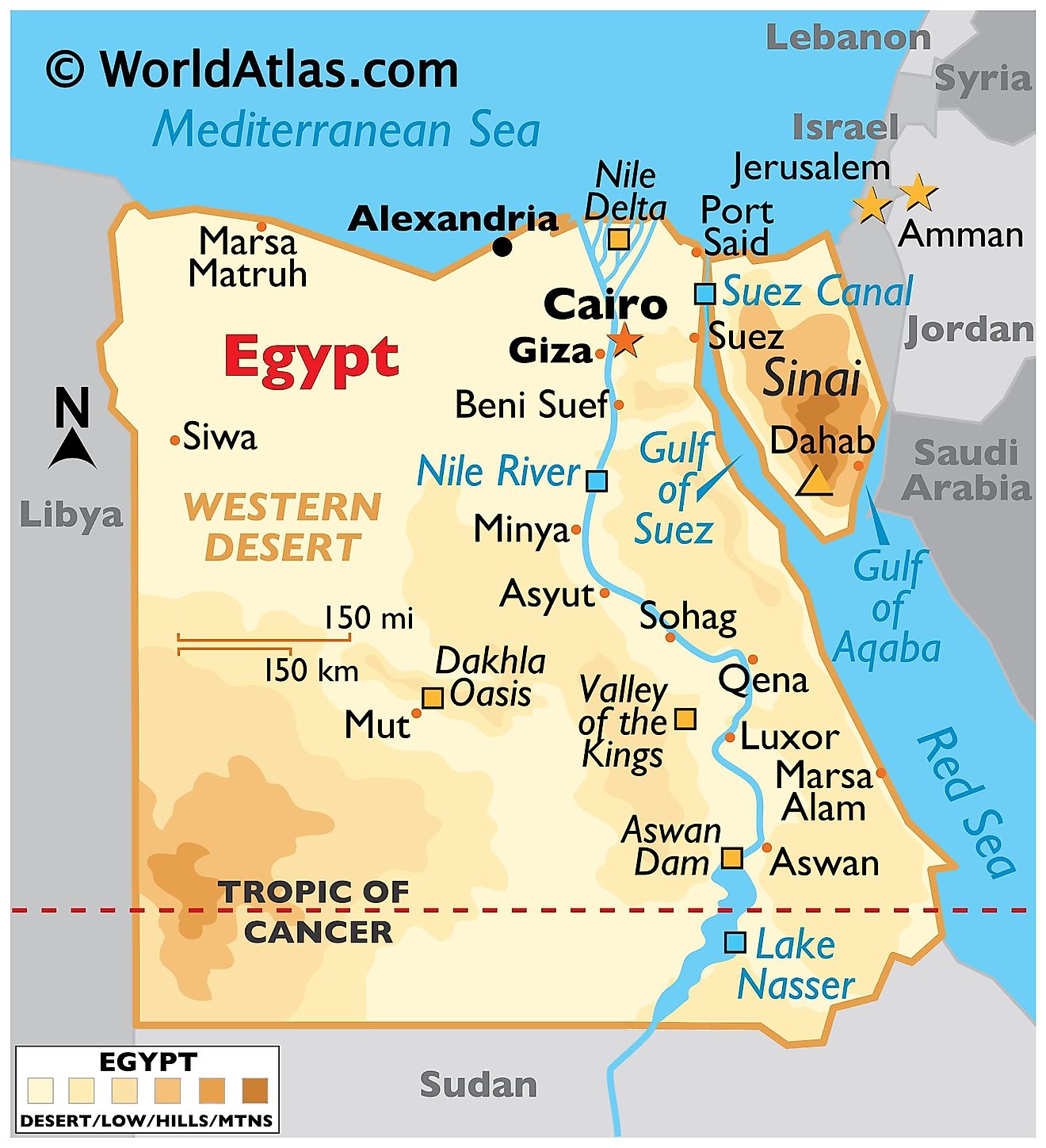 Physical Map of Egypt showing the state boundaries, relief, the Nile River, major lakes, deserts, and important cities.