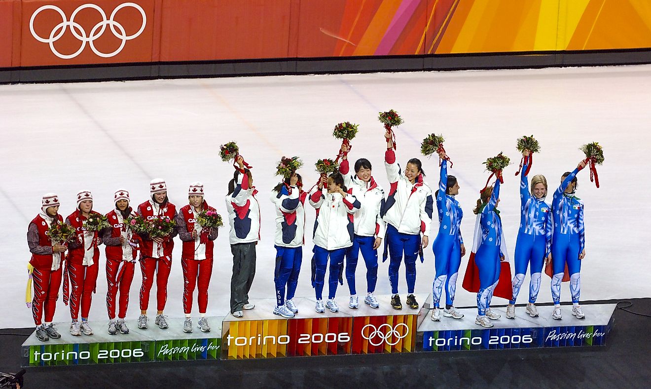 The medals ceremony for the short track skating competition at the 2006 Winter Olympics in Turin.