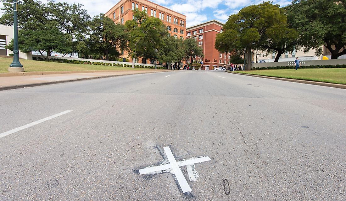 An "X" marking the spot where President Kennedy was assassinated in Dallas, Texas. Editorial credit: Allen.G / Shutterstock.com