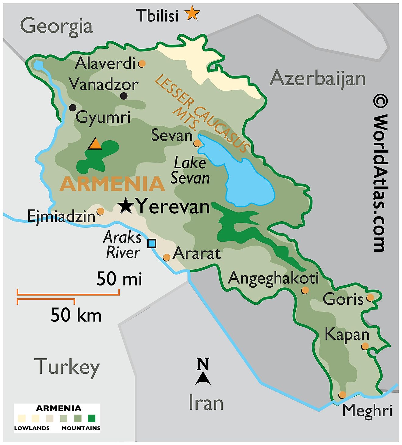 Physical Map of Armenia showing state boundaries, relief, major rivers, mountain ranges, important cities, etc.
