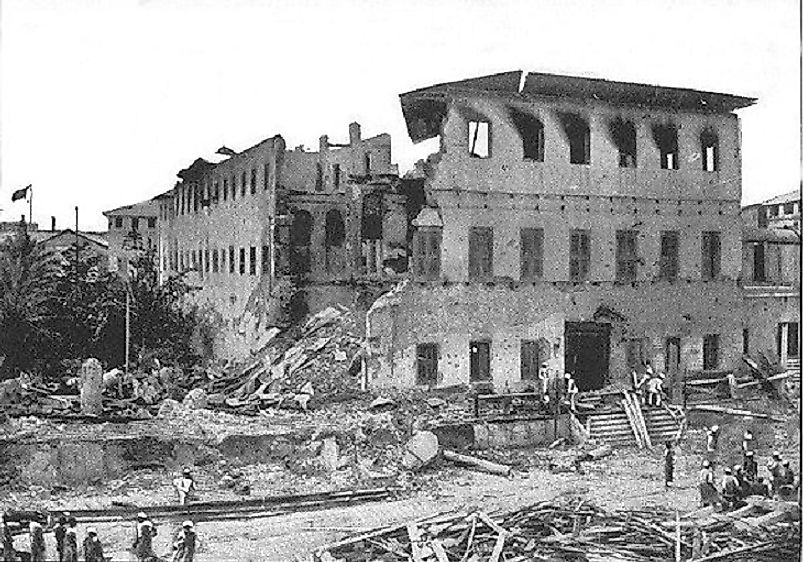 Decimated palace of Zanzibari Sultan Khalid bin Bargash following the ~38-minute long British-Zanzibar War on August 27th, 1896.
