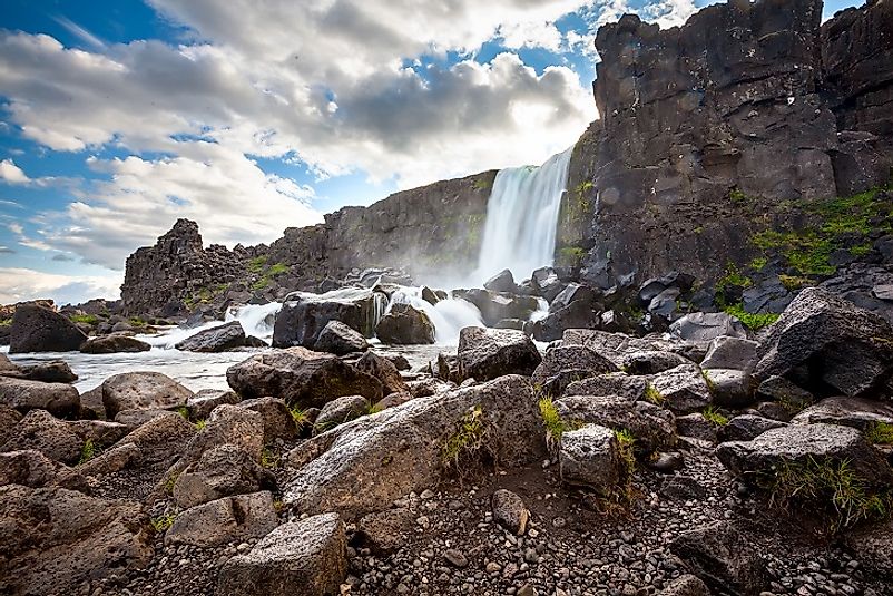 Oxararfoss Waterfall in Iceland's Thingvellir National Park.