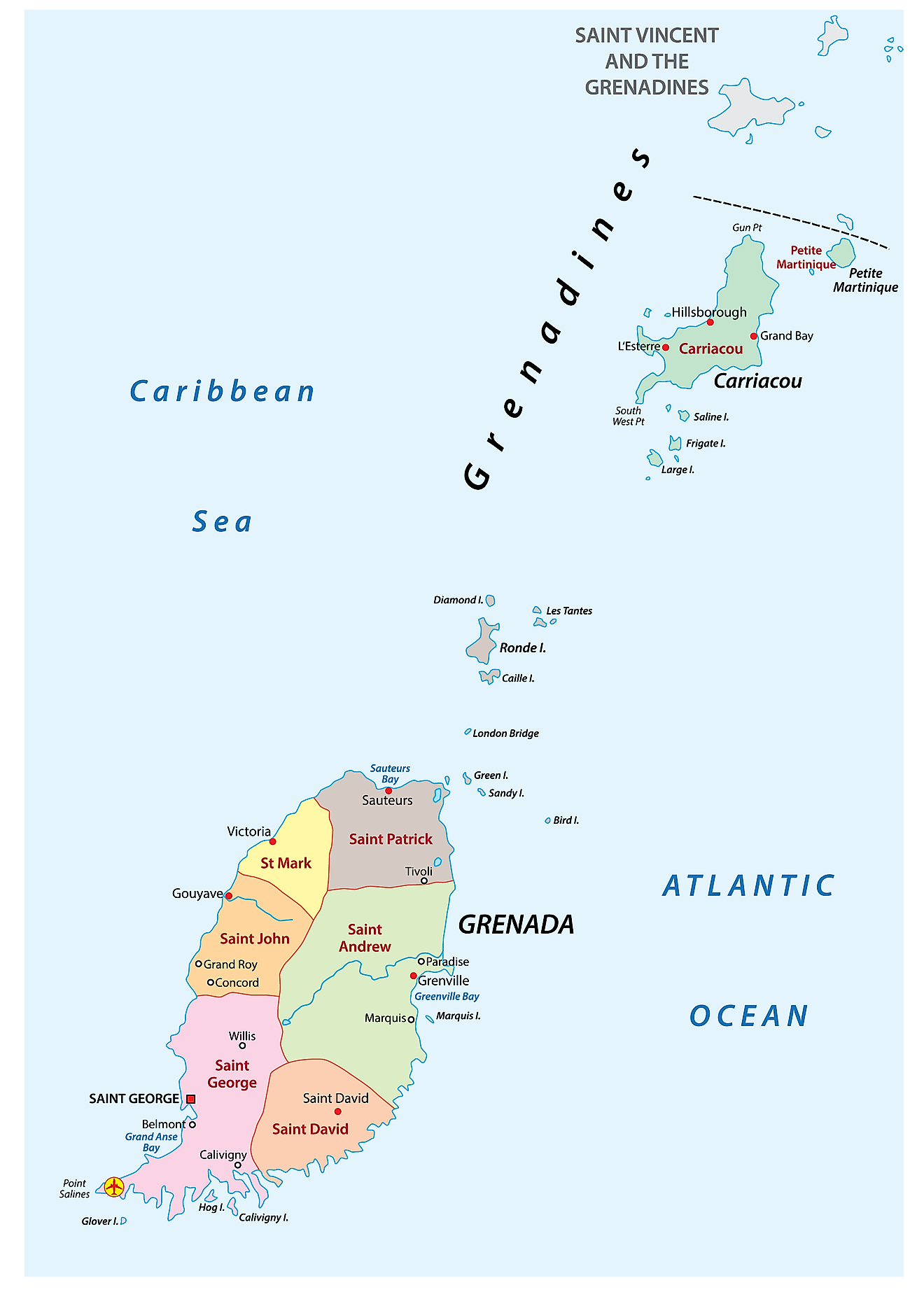 Political Map of Grenada showing its 6 parishes and 1 dependency and the capital city of St. George's. 
