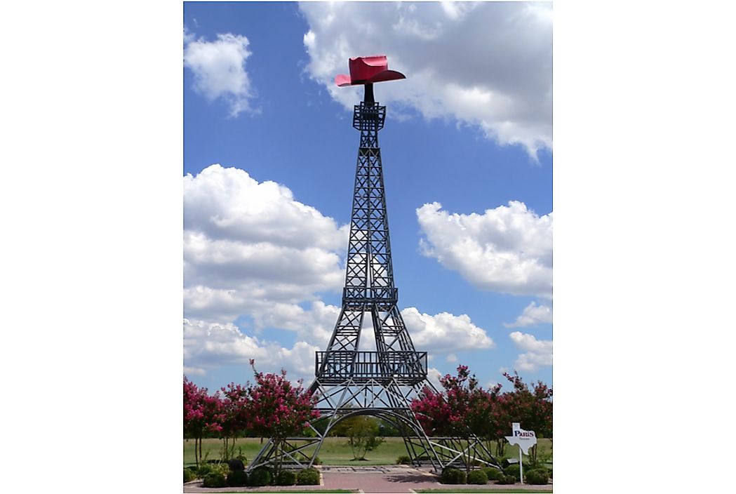 The Eiffel Tower of Paris, Texas sports a cowboy hat. 