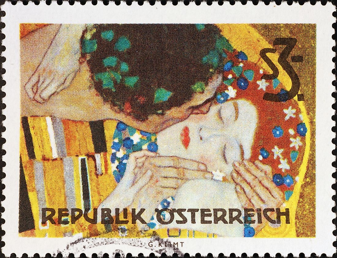 Editorial credit: spatuletail / Shutterstock.com. A stamp commemorating "The Kiss", circa 2017, Austria. 