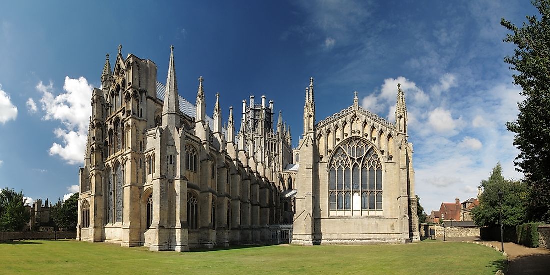 Ely Cathedral blends Romanesque and Gothic styles.