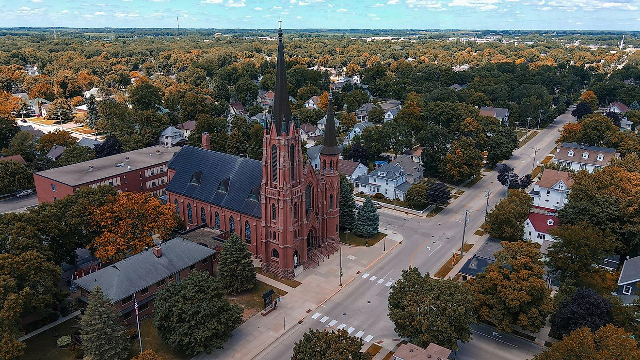 Autumn scene featuring a Midwest church in Austin, Minnesota.